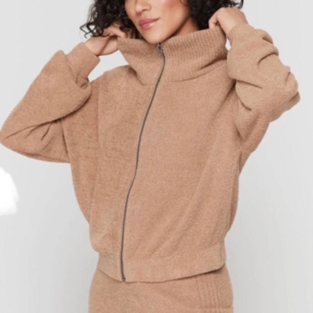 Spiritual Gangster Womens Tan Boucle Cropped Zip Up Mock Neck Sweater Medium